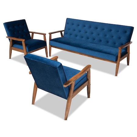 Baxton Studio Sorrento Blue Velvet Walnut Finished 3-Piece Wooden Living Room Set 160-9938-9940